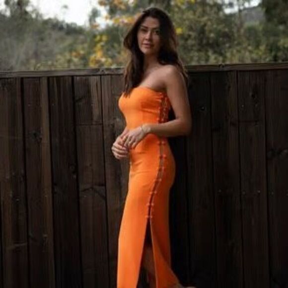Gianni Bini x Caelynn Bell Womens Orange Crepe Cut Out Midi Dress Size 0 NWT - Picture 1 of 13
